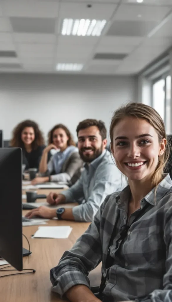 Une équipe de professionnels souriants travaillant ensemble à des bureaux