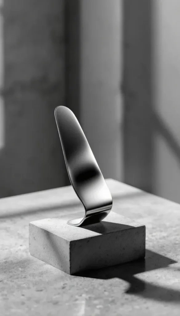 Objet métallique épuré posé sur un socle en béton. À propos.