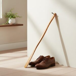 Un long chausse-pied en bois poli, de couleur claire, est posé à la verticale sur une étagère en bois minimaliste.