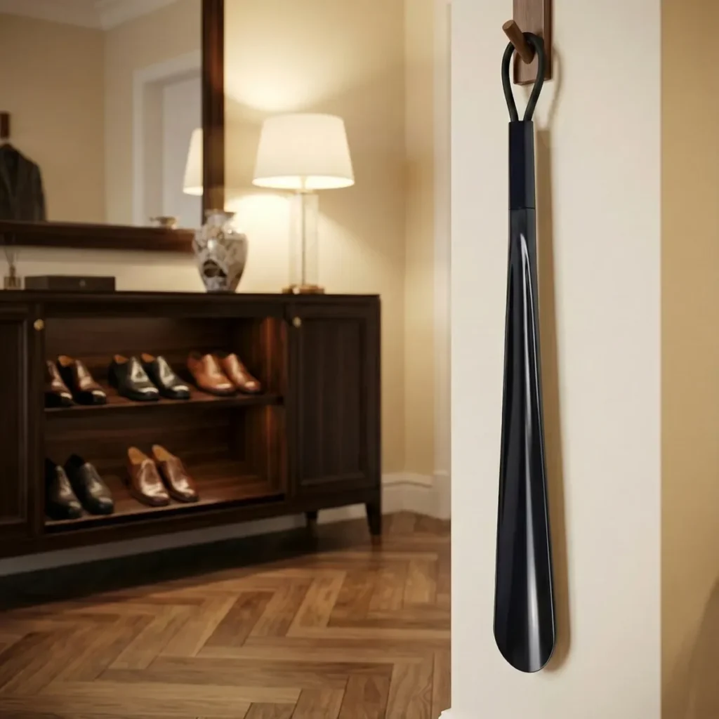 Chausse-pied noir long avec poignée suspendu au mur.