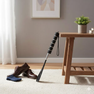 Chausse-pied télescopique en acier inoxydable avec poignée ergonomique, posé près de chaussures en cuir marron.