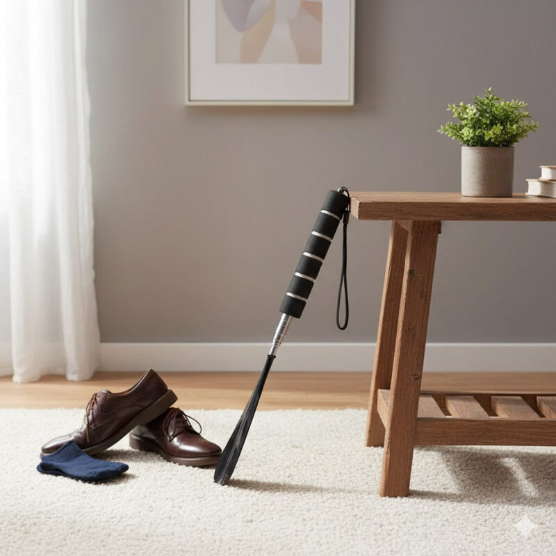 Chausse-pied télescopique en acier inoxydable avec poignée ergonomique, posé près de chaussures en cuir marron.