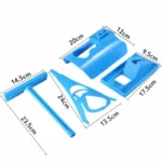 Pièces bleues démontées d'un dispositif de nettoyage de piscine, avec dimensions indiquées.