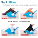 Sock slider device demonstrating how to put on dress, casual, sports, and compression socks.