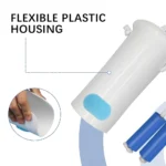 Dispositif d'aide à l'enfilage de chaussettes avec boîtier en plastique flexible et poignées bleues.