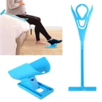 Sock aid device shown with pregnant woman using it to put on socks.