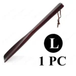 Long wooden shoe horn with leather loop.