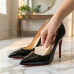 Remplisseur Chaussure Femme Inserts Pointe Beige Remplisseur de chaussure pour femmes : Inserts Pointe beiges dans des escarpins noirs vernis à semelles rouges.