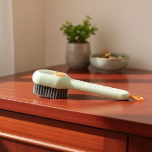 Brosse chaussure avec réservoir intégré multifonction, poignée vert clair et poils gris.