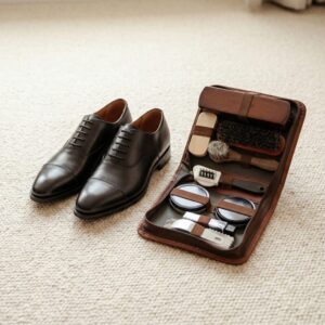 Kit d’entretien complet pour chaussures en crin de cheval avec chaussures noires élégantes.