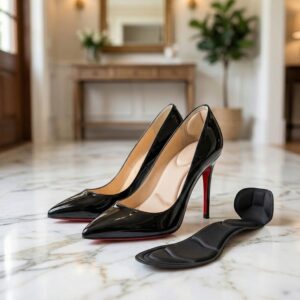 Semelles confort pour chaussures femmes en mousse à mémoire de forme à côté d'escarpins noirs vernis à semelles rouges.